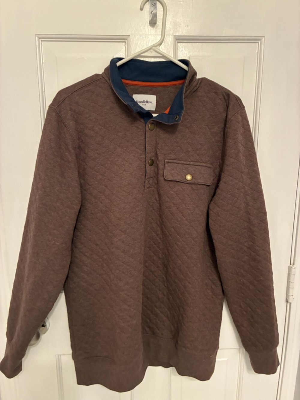 Goodfellow & Co Brown Quilted Pullover with Navy Collar and Orange Accent